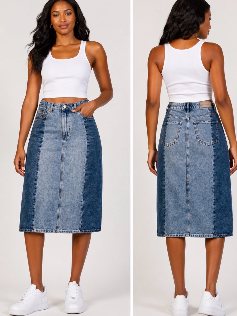 BLANKNYC Double Dip Denim Skirt Size 28 Two Tone Panel Midi Knee Length